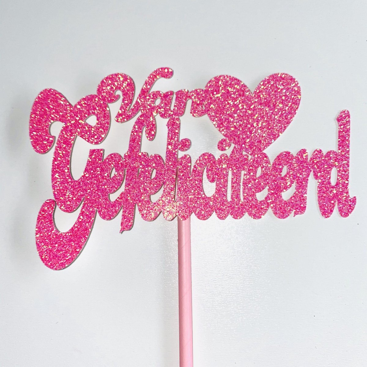 Taarttopper| Cake topper |Gefeliciteerd| Verjaardag| Hart |Fuchsia glitter|16 cm| karton